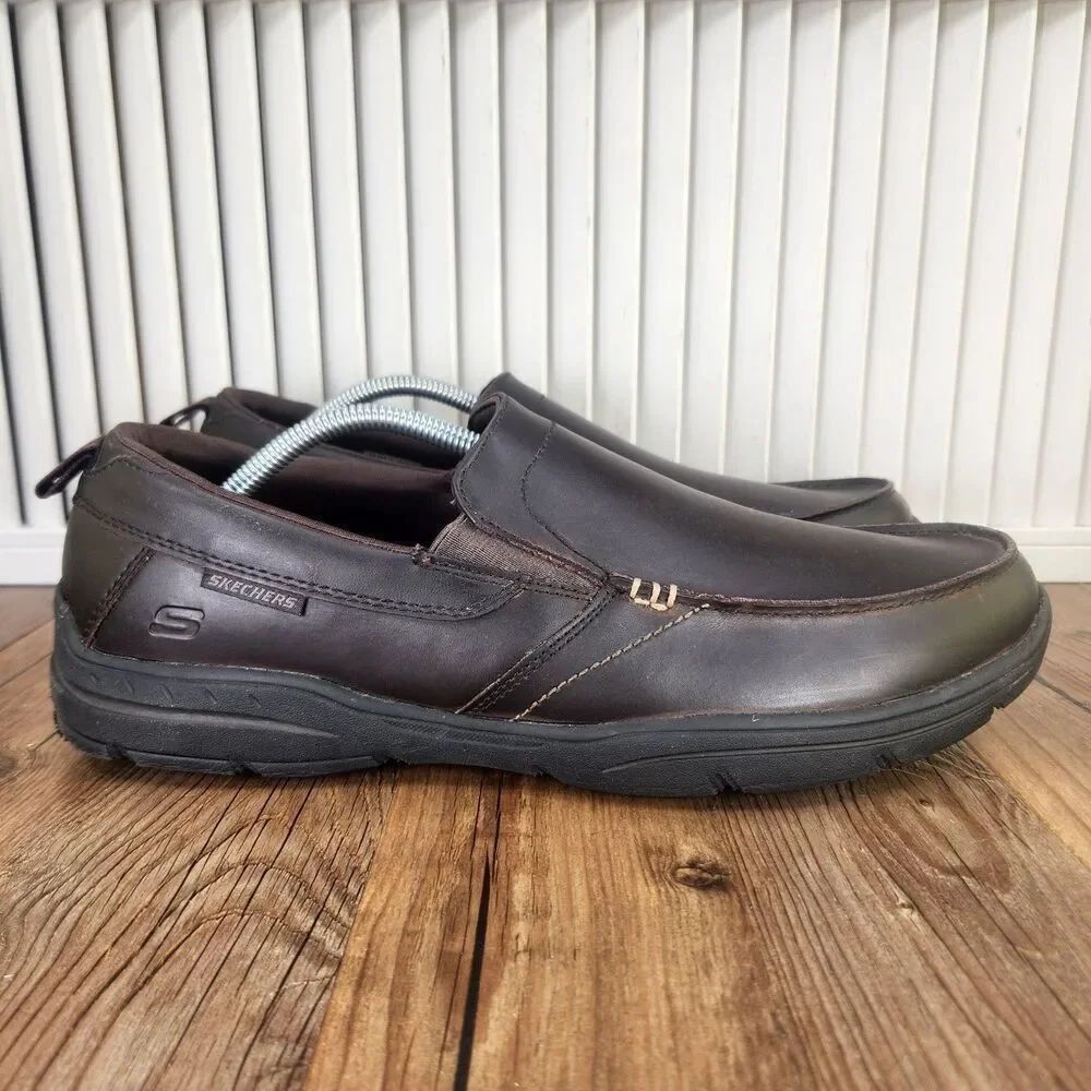 Skechers Relaxed Fit Harper Forde Men's 12 Dark Brown Leather Loafer Shoes 56298
